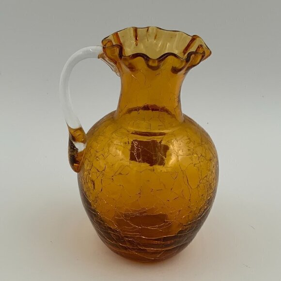 Vintage PILGRIM GLASS Ruffle Top AMBER Crackle 4.5” PITCHER Clear Handle - Picture 6 of 7